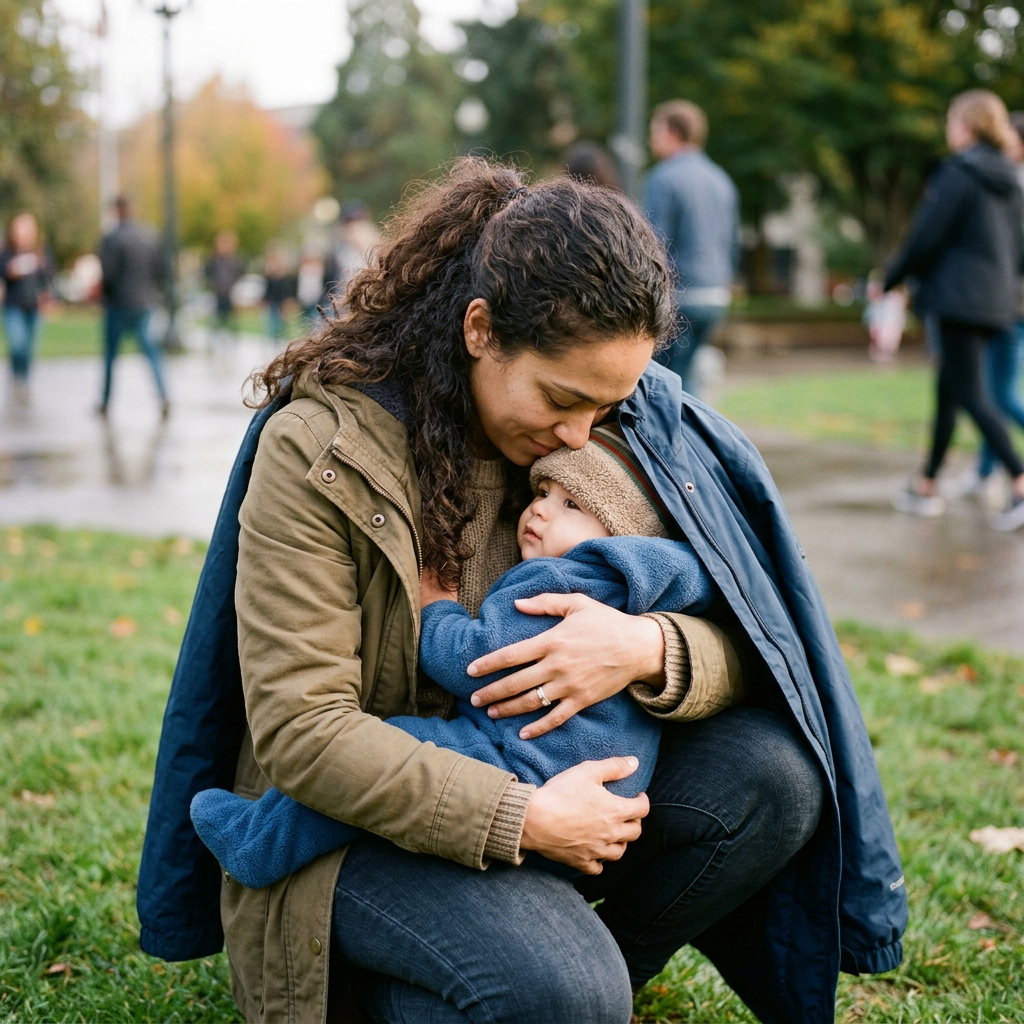Mother crouching and embracing baby wrapped in warm clothing outdoors